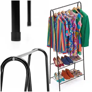 Clothes hanger Springos HA7591 made of powder-coated steel with a hanging rail and two shelves, glossy black finish, 15 kg maximum load capacity