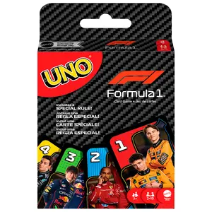 UNO F1 kāršu spēle ar tematiskajiem kāršu komplektu un īpašu noteikumu ģimenes vakariem