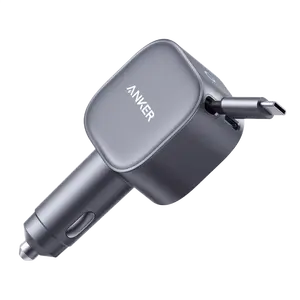 Anker A2738HA2 Auto Universal Mobile Device Charger with Cigar Lighter Power Source USB Type-C Port Fast Charging and Built-In Retractable USB-C Cable Metallic