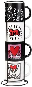 Excellent Houseware Keith Haring Ceramic Mug Set with Stand 300 ml 4 Pieces