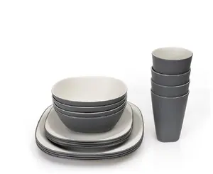 PLATINET Camping Tableware Set 16 Pieces Grey for 4 Persons with Dinner Plates Bowls Dessert Plates and Mugs