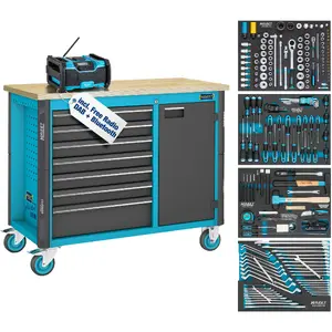 Hazet 179NW-7/210 Mobilie darbnīcas ratiņi darba galda asistents ar 210 instrumentu komplektu un DAB radio zili melnā krāsā
