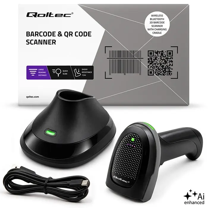 Беспроводной сканер штрих-кодов Qoltec 1D 2D со станцией Photo 11