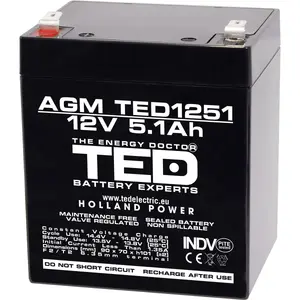 12V 5.1Ah akumulators :: Svina-Skabes :: 12 Volti, 5.1 amperstundas (Ah) :: Klemmes tips T2 (6.35mm)