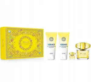 Smaržu komplekts Yellow Diamond no Versace, kurā ietilpst tualetes ūdens 90 ml, ķermeņa losjons 100 ml, dušas želeja 100 ml un miniatūra 5 ml