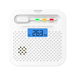 Aiwa ANZEN S1 Oglekļa monoksīda detektors balts ar elektroķīmisko sensoru digitālo PPM displeju 85 dB signālu un AA bateriju barošanu