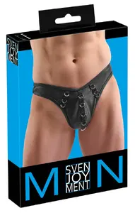 Svenjoyment Men's Thong L Black Imitation Leather with Metal Rings Size L