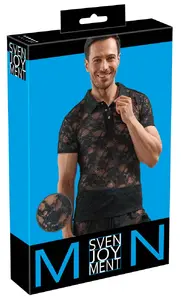 Svenjoyment Men's Shirt 2XL Black Floral Lace Short Sleeve Polo 90% Polyamide 10% Elastane