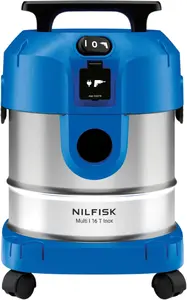 Nilfisk Multi I 16 T Inox industriālais putekļu sūcējs ar nerūsējošā tērauda konteineru un elektroinstrumentu ligzdu