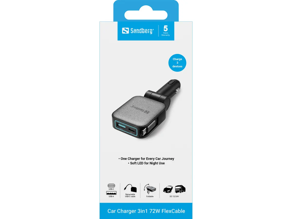 SANDBERG Автомобильное зарядное устройство 3in1 72W FlexCable Photo 7