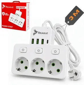Listwa zasilająca Reagle Przedłużacz listwa zasilająca 3M rozgałęźnik 3 gniazda 230V 3x USB 1x USB-C (RSTRIP22)