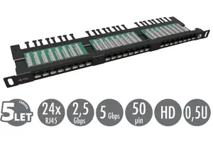 19 inch patch panel Solarix 24xRJ45 CAT5E UTP black 0.5U SX24HD-5E-UTP-BK with cable management rail