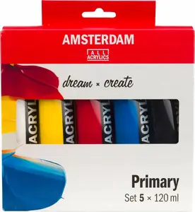 Artequipment Amsterdam Standard Series Akrila krāsa Pamatkrāsu komplekts Melns Cians Magenta Balts Dzeltens 120 ml 5 gab