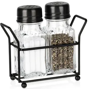 Vilde Salt and Pepper Shaker Set in a Stand 60 ml Glass Black Metal