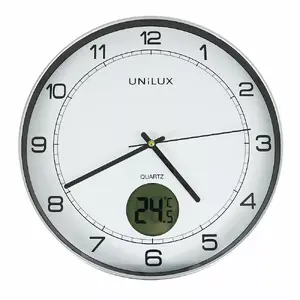 Sienas/galda pulkstenis Unilux 400094592 — kvarca, apaļš metālisks sudraba, Ø 30 cm, AA/AAA baterijas