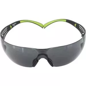 Safety glasses 3M SecureFit 400 — black frame, green tinted lenses, UV protection, anti-fog
