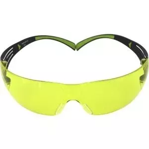 Safety glasses 3M SecureFit 400 — black frame, green tinted lenses, UV protection, anti-fog