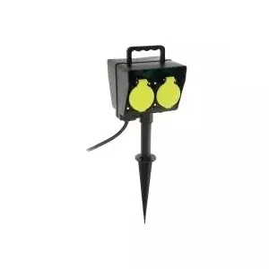Outdoor Garden Socket AS Schwabe 60680 — 2-way, Black/Yellow, with Ground Spike