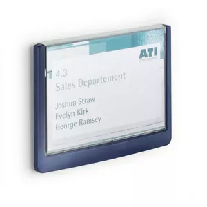 Durable Click Sign Blue — desktop push-button sign holder, 105.5 × 149 mm