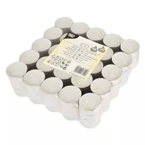 Vaska tējas svece Papstar 13302 — diametrs 39 mm, augstums 17 mm, degšanas laiks aptuveni 4,5 h