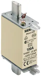 Siemens NH000 LV HRC fuse 100A gG 500Vac 250Vdc 3NA3830
