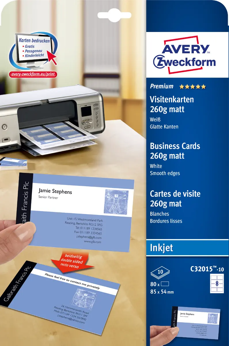 AVERY C32015-10 Vizītkaršu tintes papīrs Matēts