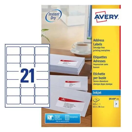 Avery J8160-25 Tintes printera uzlīmes Balta
