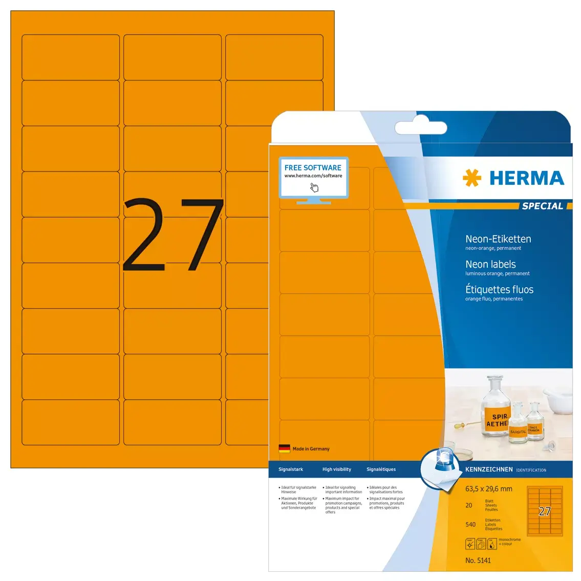 Этикетки HERMA Neon A4 63.5x29.6 мм светящийся оранжевый Photo 2