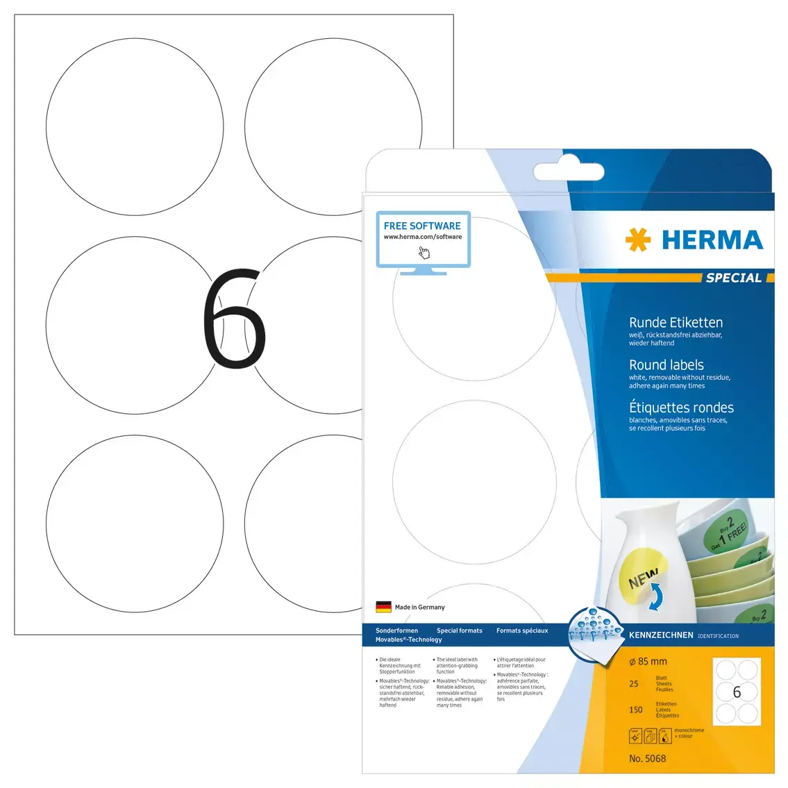 Noņemamās etiķetes HERMA A4 Ø 85 mm apaļas baltas Photo 2