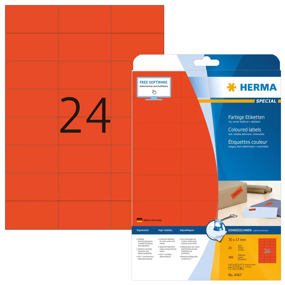 Etiķetes HERMA krāsainas A4 70x37 mm sarkanas Photo 2