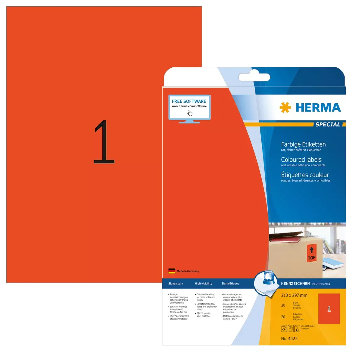 Self-adhesive printer label HERMA Coloured Labels A4 210x297 mm red Photo 2