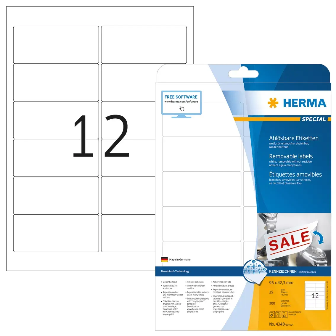 Self-adhesive labels HERMA Removable A4 96x42.3 mm Photo 2