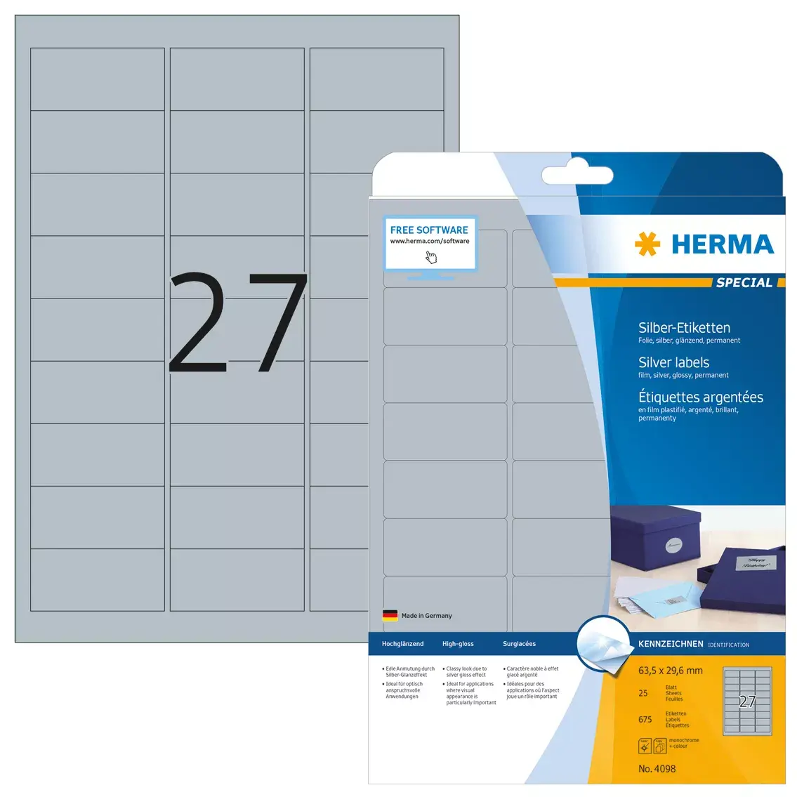 Pašlīmējošā printera etiķete HERMA A4 63.5x29.6 mm sudraba plēve spīdīga Photo 2