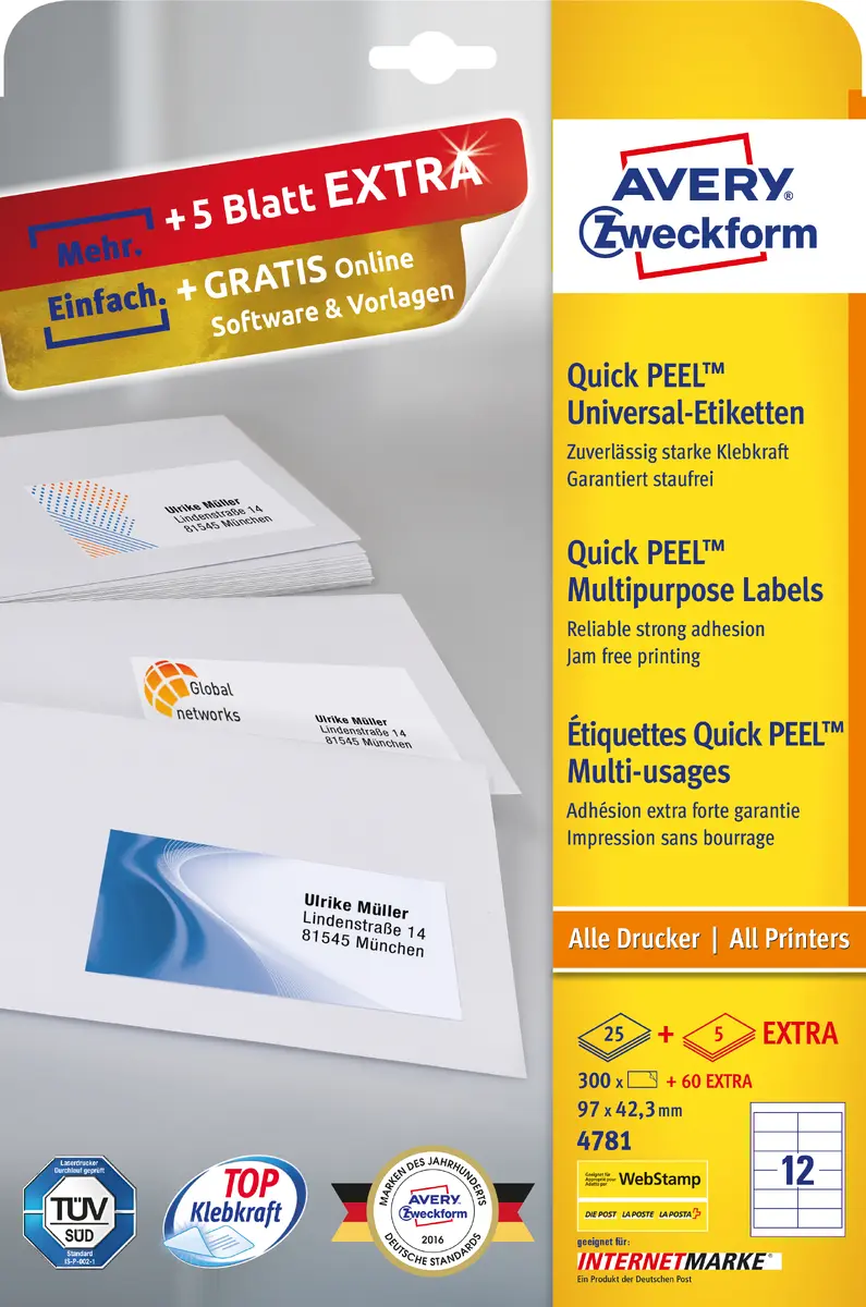 Avery 4781 Pašlīmējoša printera etiķete Balta
