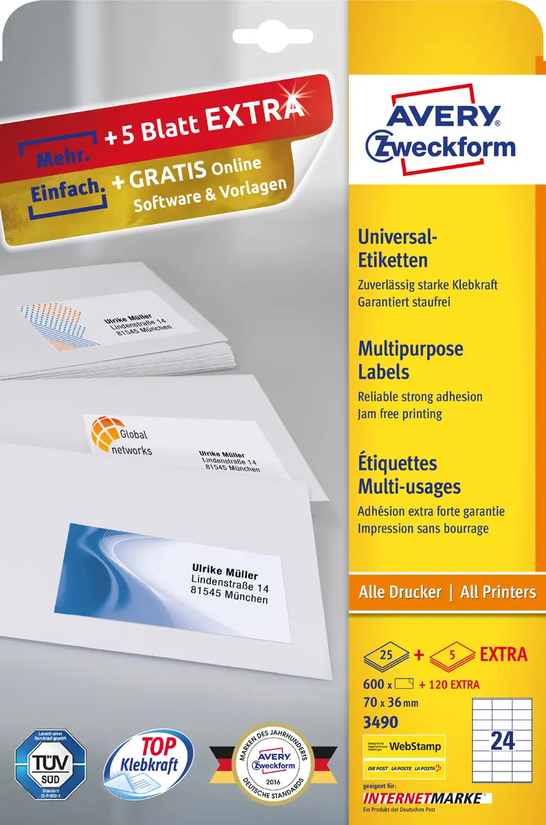 Avery 3490 Baltā pašlīmējošā printera etiķete