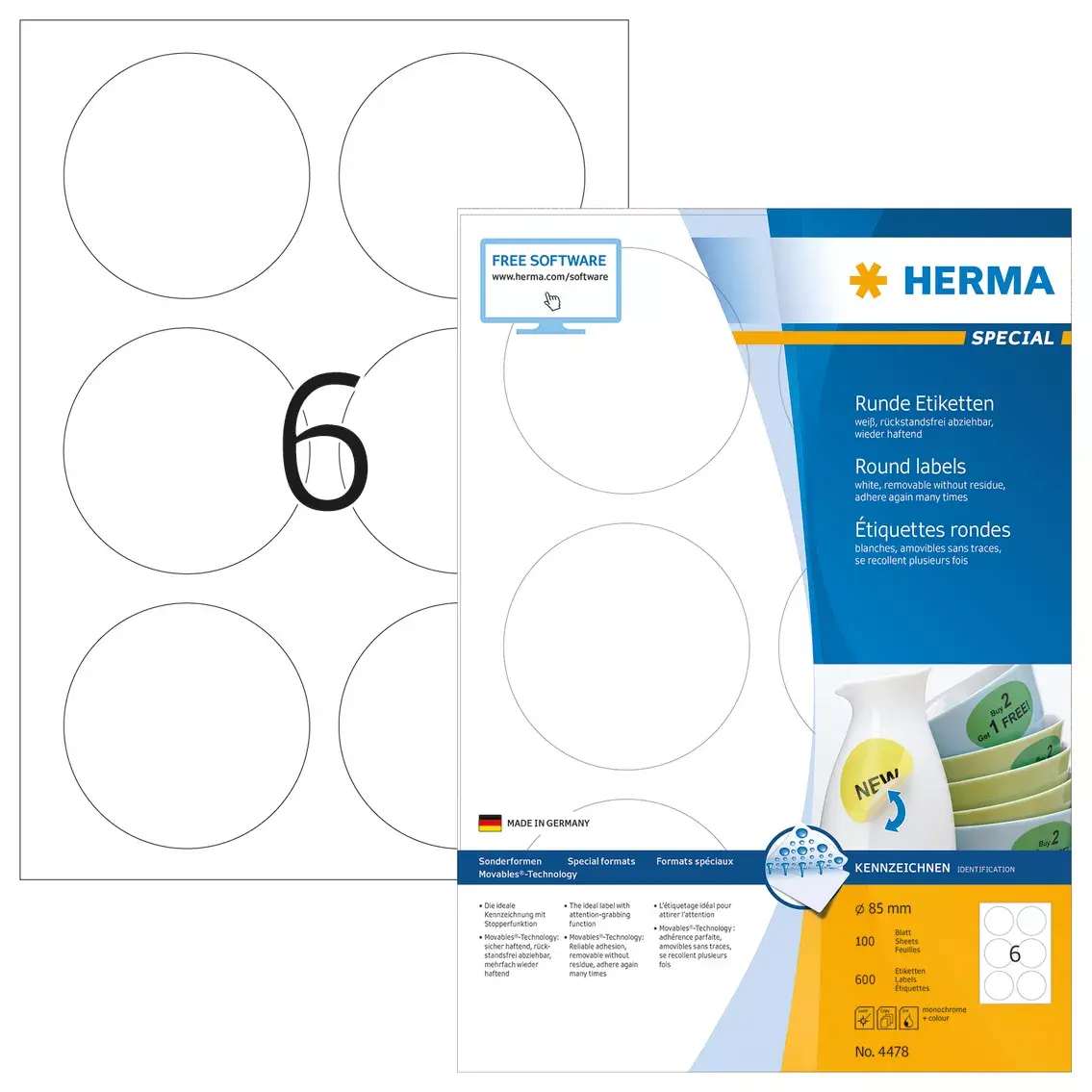 Noņemamās etiķetes HERMA A4 Ø 85 mm apaļas baltas Photo 2