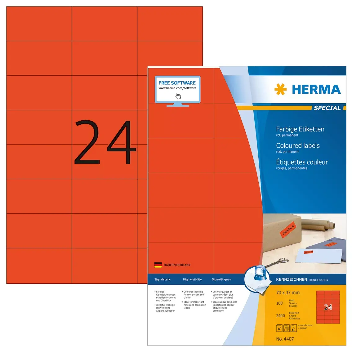 Etiķetes HERMA Krāsainas A4 70x37 mm sarkanas matētas Photo 2