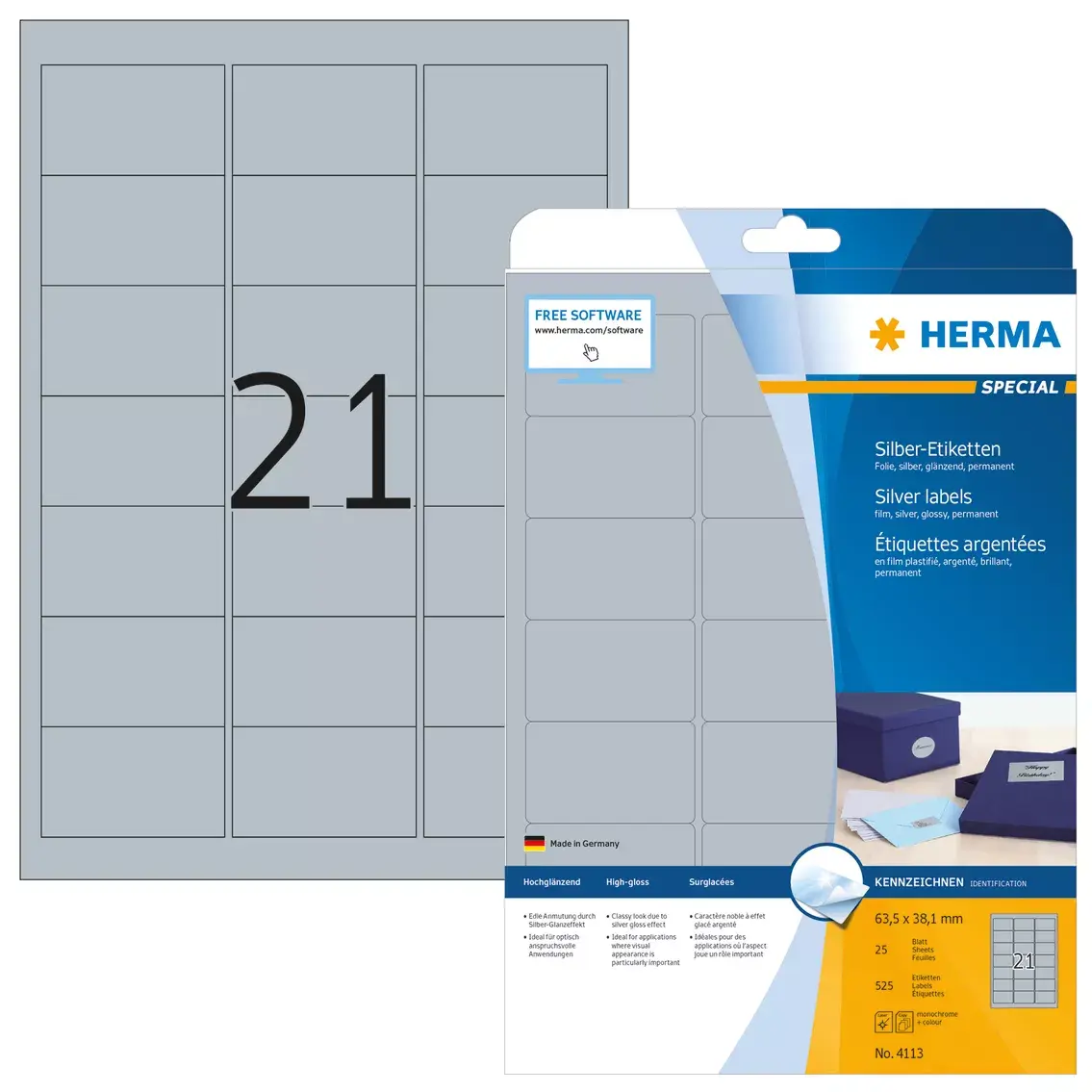 Pašlīmējošās printera etiķes HERMA A4 63.5x38.1 mm sudraba plēve spīdīga Photo 2