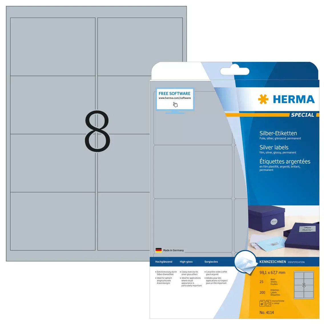 Pašlīmējošās printera etiķetes HERMA A4 99.1x67.7 mm sudraba plēve spīdīga Photo 2