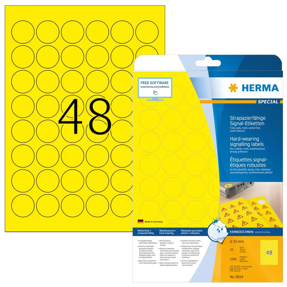 Самоклеящаяся этикетка HERMA Labels сигнализирующая прочная A4 Ø 30 мм круглая желтая Photo 2
