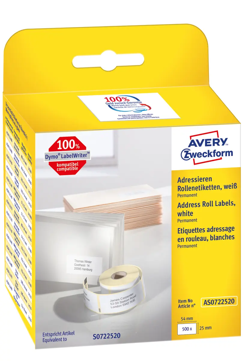 Avery AS0722520 Baltas Taisnstūra Pastāvīgās Pašlīmējošās