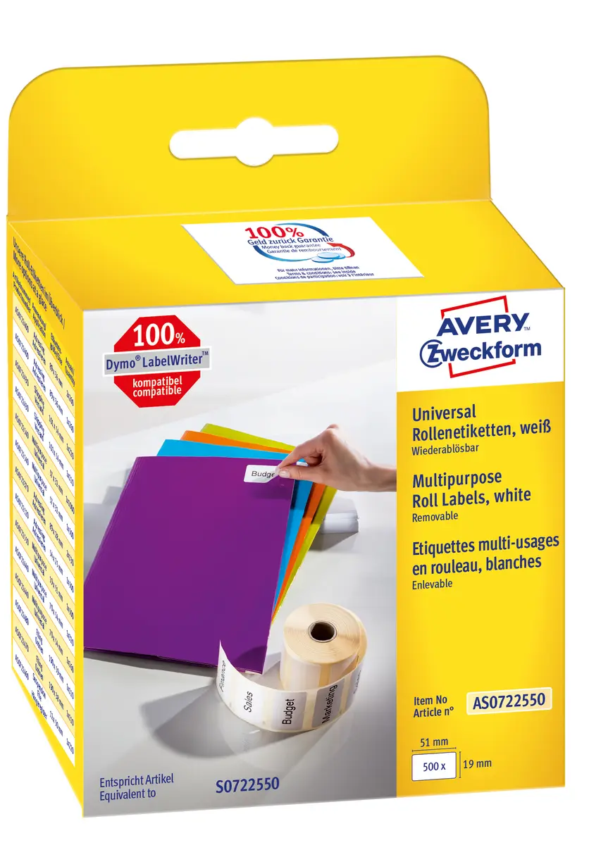 Avery AS0722550 Pašlīmējošās noņemamās taisnstūra etiķetes
