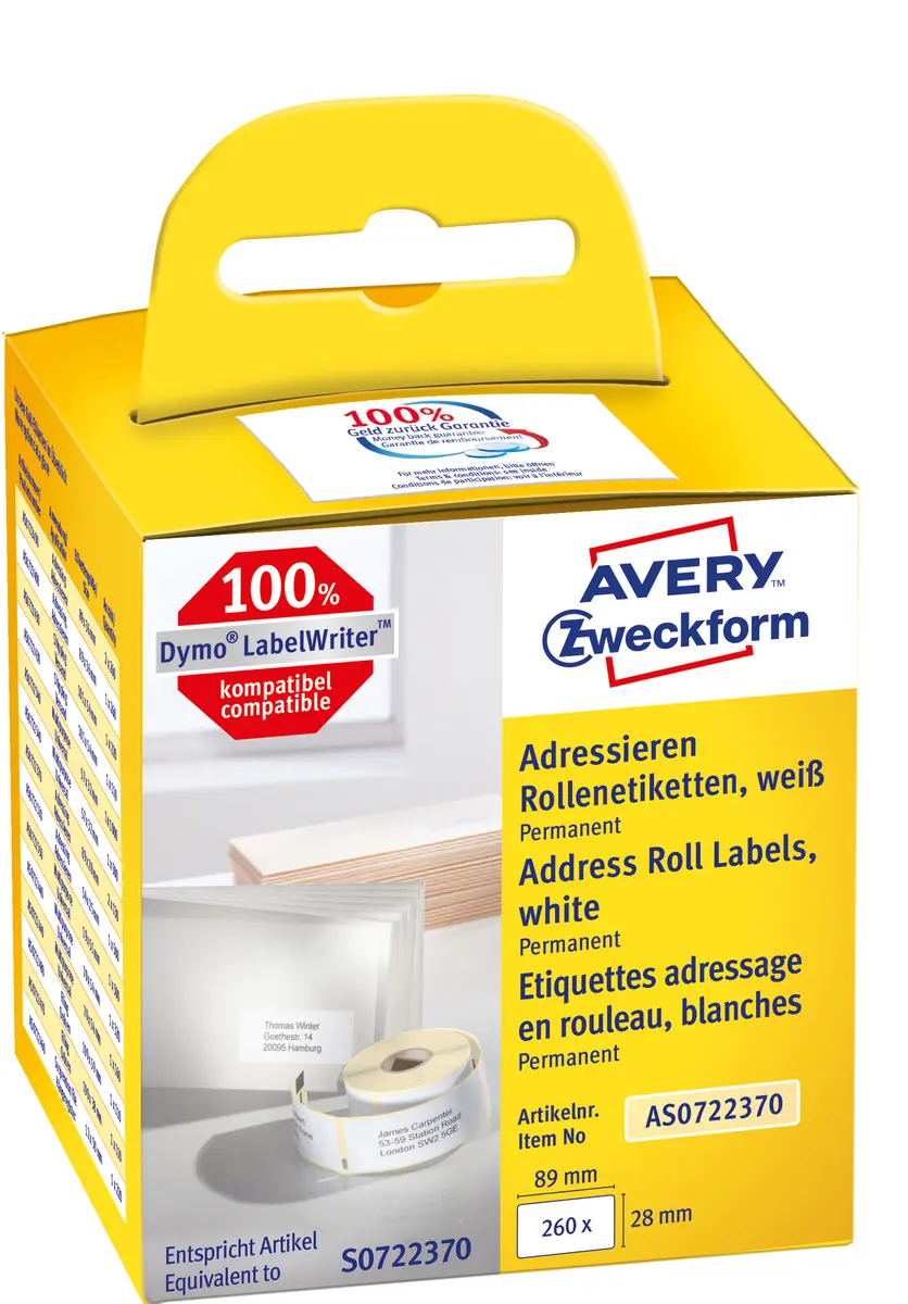 Avery AS0722370 Pašlīmējošas taisnstūra etiķetes pastāvīgas