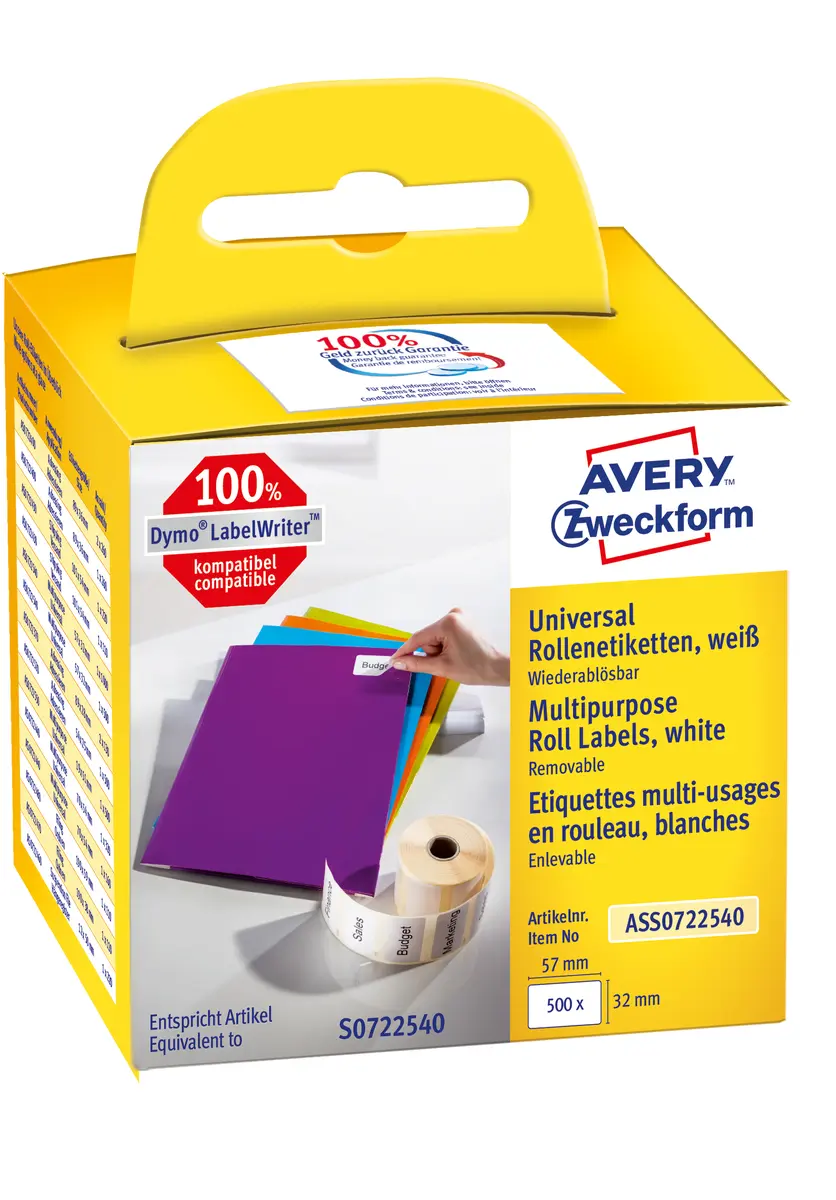 Avery ASS0722540 pašlīmējošās etiķetes taisnstūra noņemamas