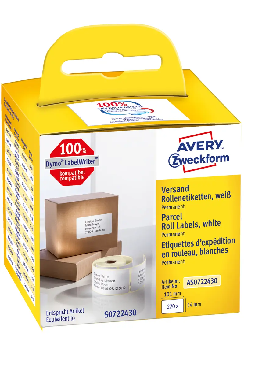 Avery AS0722430 pašlīmējošās taisnstūra uzlīmes balta