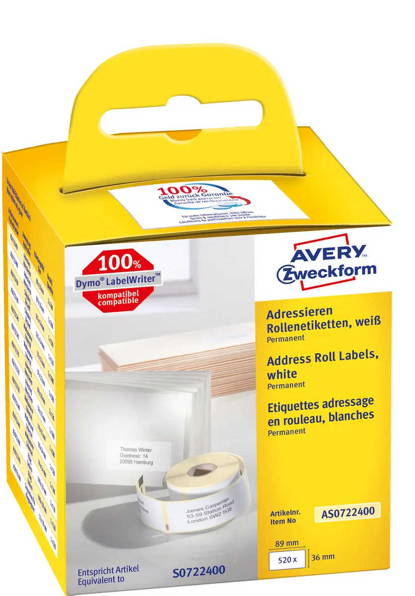 Avery AS0722400 pašlīmējošās taisnstūra etiķetes baltas