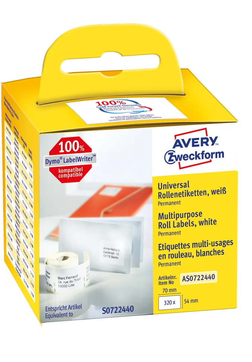 Avery AS0722440 pašlīmējošas etiķetes baltas taisnstūra