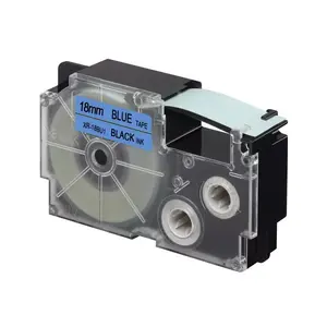 Label tape CASIO XR-18BU1 — black text on blue, 18 mm × 8 m, boxed