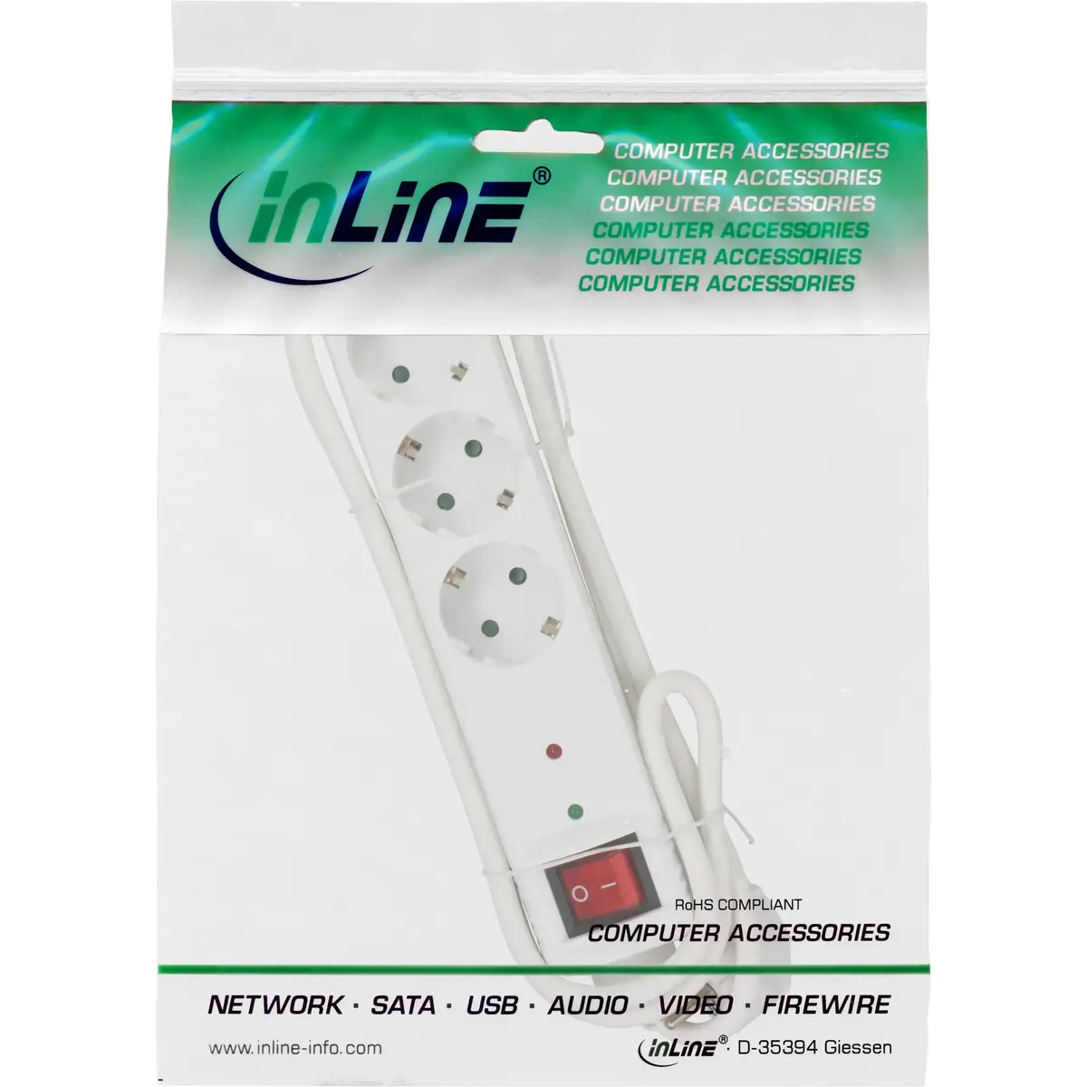 InLine CEE 7/3 3-Way Socket Strip with Switch Photo 3