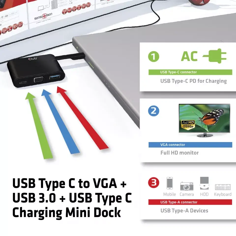 Mini doks USB Type C uz VGA USB 3.0 CLUB3D CSV-1532 Photo 3